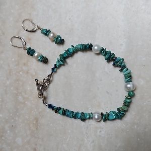 😍925 Silver Turquoise & Pearl Bracelet &Earrings Set😍NWOT